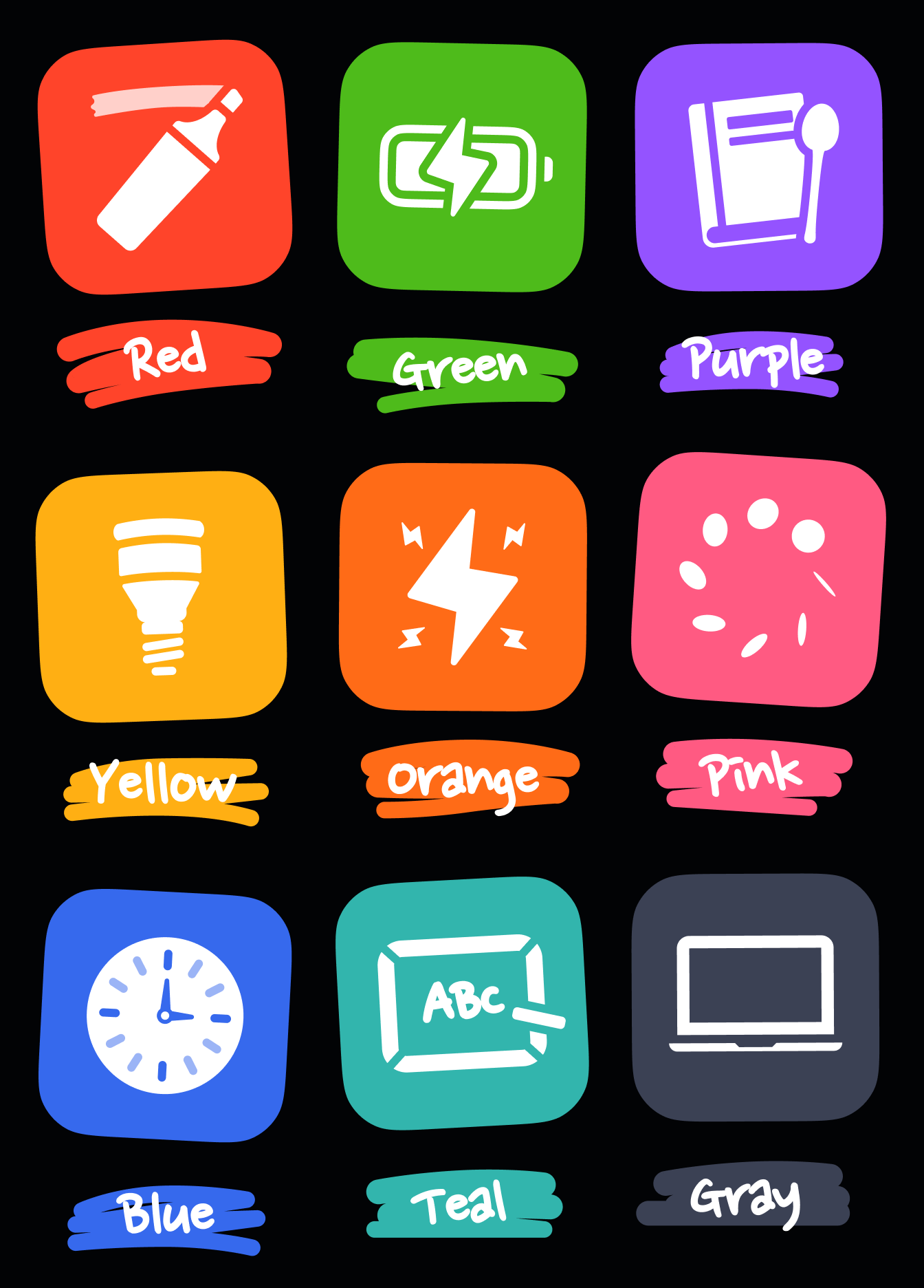 An image showing all the different colors offered in this set of icons: red, green, blue, yellow, orange, pink, teal, and gray.